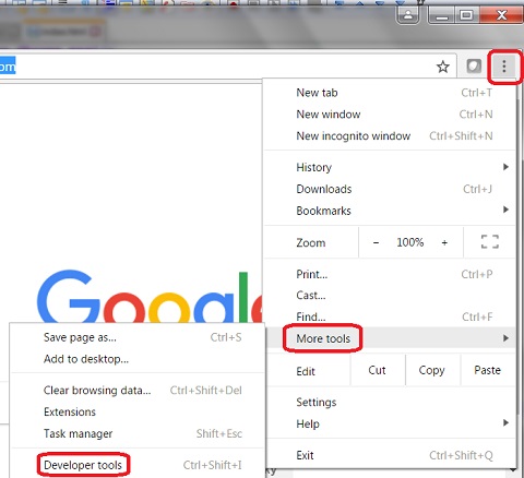 Chrome developer tools menu