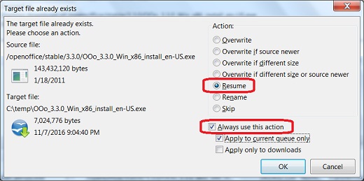 FileZilla Client - Resume File Transfer