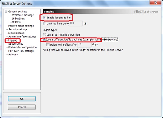 FileZilla Server - Log File Settings