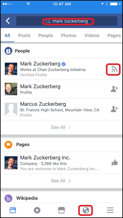 Search and Follow Someone in Facebook on iPhone
