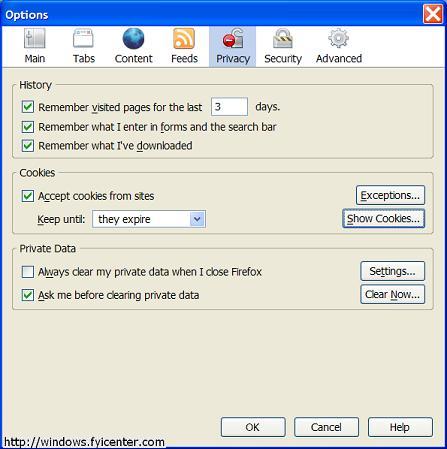 Mozilla Firefox 2.0 Options Privacy Settings