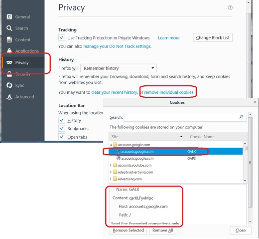 Mozilla Firefox 50.1 - Viewing Cookies