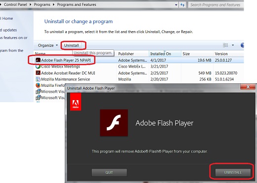 Remove Adobe Flash Player 25 plugin for Firefox