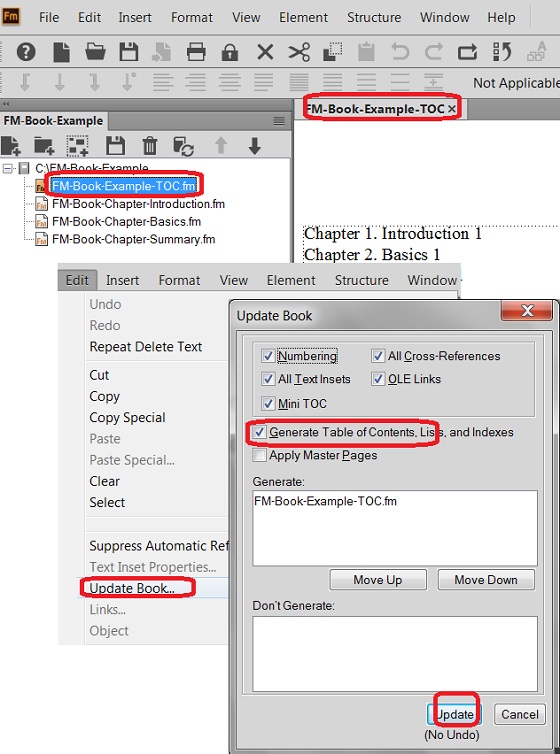Update Table of Contents for FrameMaker Book