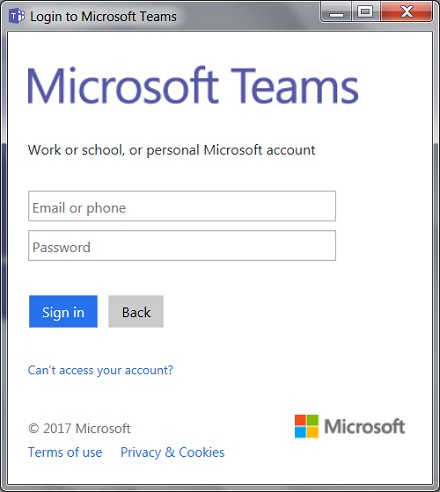 Microsoft Teams Desktop Login Screen
