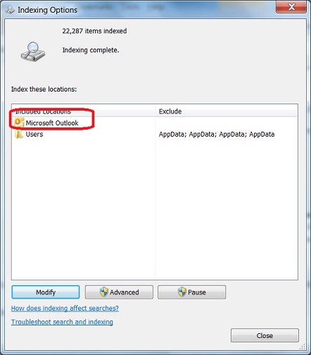Outlook 2007 Emails Included in Windows Indexing