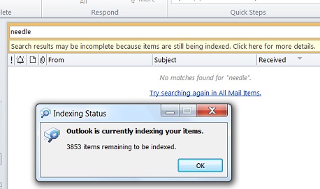 Outlook 2007 Is Currently Indexing Your Items
