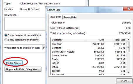 File Size and Folder Sizes of an Outlook 2010 Data File