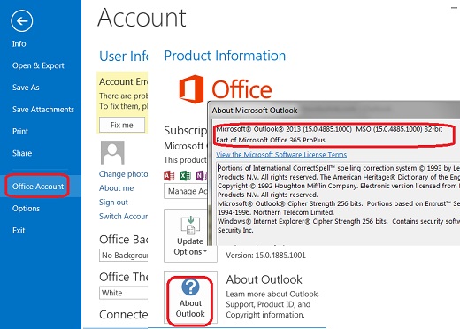 View Version Information in Outlook 2013