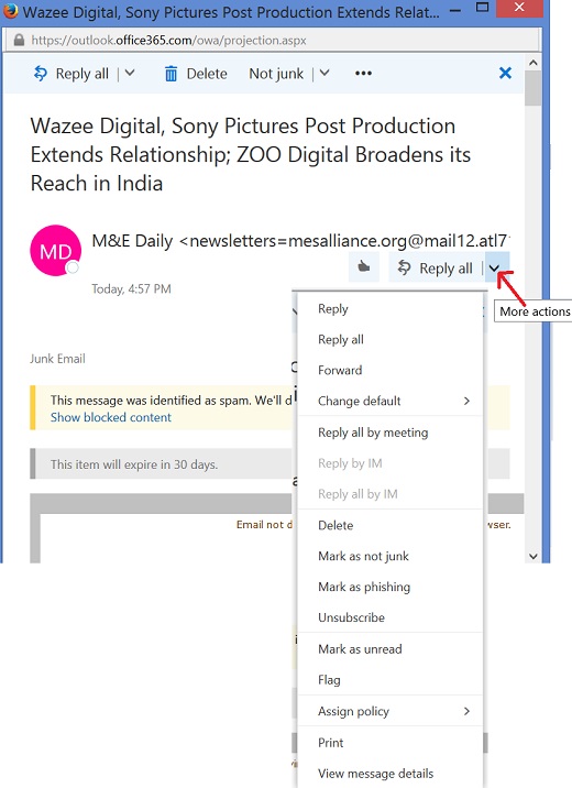 Outlook.Office365.com Message Action Menu
