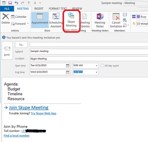 Skype for Business Meeting Invite in Outlook