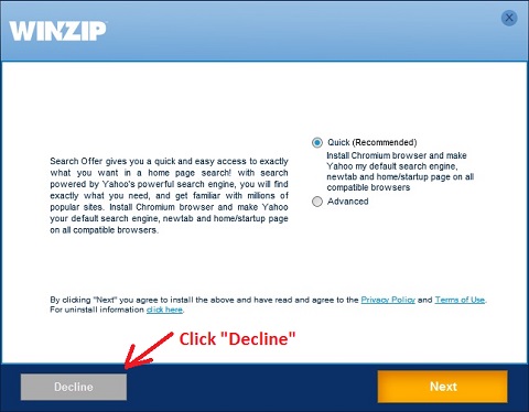 WinZip 21.0 Installation - Decline Chromium and Yahoo Offer